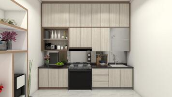 houten keuken teller ontwerp met vol plafond opslagruimte kastje, 3d illustratie foto