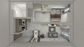 voor plan interieur ontwerp voor minimalistische en modern appartement studio, 3d illustratie foto