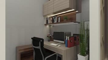modern en minimalistische kantoor bureau met opslagruimte gedeelte, 3d illustratie foto
