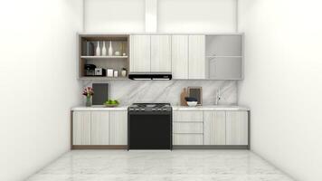 minimalistische keuken kabinet ontwerp met marmeren aanrecht en achterwand, 3d illustratie foto