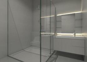 modern badkamer met douche glas partitie en wassen hand- kastje, 3d illustratie foto