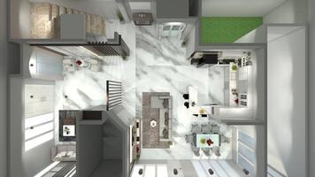 luxe verdieping plan interieur inwoner ontwerp met marmeren vloeren, 3d illustratie foto