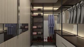 Open kleren garderobe ontwerp met Scherm rek en hangende ruimte voor kleren, 3d illustratie foto