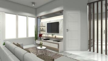 interieur leven kamer ontwerp met houten televisie Scherm en minimalistische koffie tafel, 3d illustratie foto