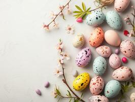 ai gegenereerd gelukkig Pasen. felicitatie- Pasen achtergrond. Pasen eieren en bloemen. foto
