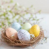 ai gegenereerd gelukkig Pasen. felicitatie- Pasen achtergrond. Pasen eieren en bloemen. foto