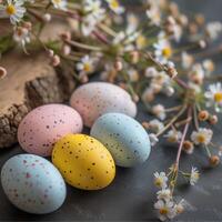 ai gegenereerd gelukkig Pasen. felicitatie- Pasen achtergrond. Pasen eieren en bloemen. foto