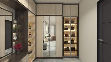 luxe houten kleren garderobe idee met zak Scherm verzameling, 3d illustratie foto