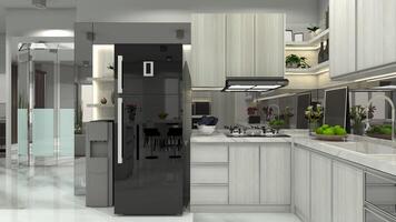 modern keuken kabinet met fornuis, wastafel en koelkast hoek, 3d illustratie foto