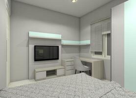 modern interieur slaapkamer met TV kabinet en minimalistische tafel bureau, 3d illustratie foto