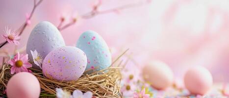 ai gegenereerd illustratie van een Pasen nest met pastel gekleurde eieren, kopiëren ruimte foto