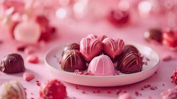 ai gegenereerd illustratie van chocolaatjes met een roze chocola glazuur voor Valentijnsdag dag of een verjaardag foto