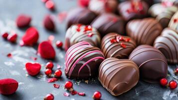 ai gegenereerd illustratie van hart vormig chocolaatjes en klein rood harten naast foto