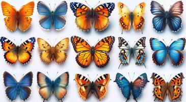ai gegenereerd een selectie van verschillend vlinders. een groep van vlinders zittend Aan top van elk andere in een kleurrijk en ingewikkeld regeling. foto