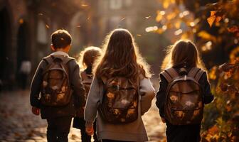 ai gegenereerd zes kinderen wandelen door de straat draag- rugzak. een groep van kinderen, vervelend rugzakken, wandelen naar beneden een pad samen. foto