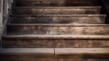 ai gegenereerd een getextureerd, oud houten trappenhuis foto