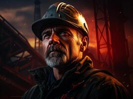 ai gegenereerd ingenieur in rood moeilijk hoed. portret van senior gebaard steenkool mijnwerker met helm Aan zijn hoofd Aan de achtergrond van de pijpen van metallurgisch fabriek Bij zonsondergang. foto