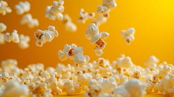 ai gegenereerd vliegend popcorn Aan een geel achtergrond. popcorn in beweging, bioscoop thema, pret foto