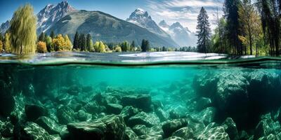 ai gegenereerd sereen berg meer. de kalmte en grootsheid van natuur. visie van de water foto