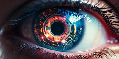 ai gegenereerd slim contact lens met biometrisch netvlies implantaten. de concept van de nieuw technologie is iris herkenning. foto