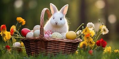 ai gegenereerd Pasen konijn met gekleurde eieren. Pasen symbool foto