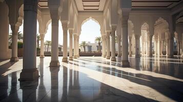 ai gegenereerd een rustig moskee binnenplaats met marmeren vloeren foto