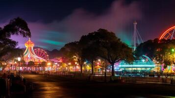 ai gegenereerd licht verontreiniging van een helder lit amusement park foto