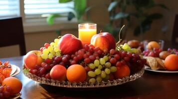 ai gegenereerd een feestelijk Shana tova middelpunt met kaarsen en fruit foto