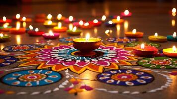 ai gegenereerd diwali decoraties met kleurrijk en ingewikkeld rangoli ontwerpen foto