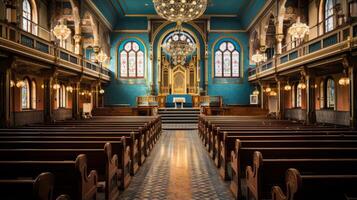 ai gegenereerd een synagoge interieur versierd met feestelijk decoraties foto