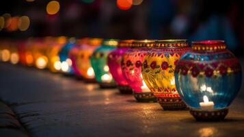 ai gegenereerd kleurrijk diwali lampen lit in een rij foto