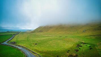 nevelig landschap met een kronkelend weg door groen heuvels onder een bewolkt lucht. foto