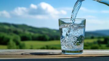 ai gegenereerd gieten water in glas Aan tafel, groen landschap, blauw lucht. ai gegenereerd. foto