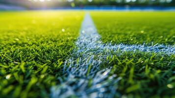 ai gegenereerd detailopname visie presentatie van de nauwkeurig lijnen en markeringen van een voetbal veld, ai gegenereerd. foto