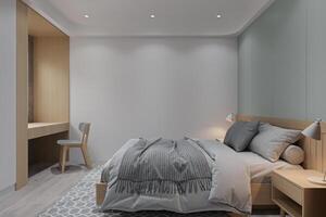 strak en modern interieur toegewezen in de slaapkamer met grijs muur verf en houten meubilair. foto