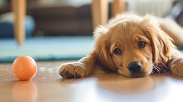 ai gegenereerd schattig puppy leugens Aan de verdieping De volgende naar een bal, een speels geest evident in haar ogen, ai gegenereerd. foto