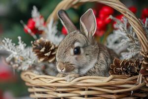 ai gegenereerd dichtbij omhoog schot van schattig Pasen konijn in houten mand met bloemen foto