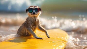 ai gegenereerd een schattig meerkat surfer geniet een leuk gevuld zomer dag Bij de strand, rijden golven met enthousiasme, ai gegenereerd. foto