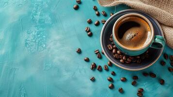 ai gegenereerd aromatisch koffie kop temidden van bonen Aan blauw achtergrond, ai gegenereerd foto