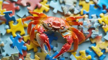 ai gegenereerd schattig krab verdiept in een decoupeerzaag puzzel, toevoegen een grillig aanraken, ai gegenereerd. foto