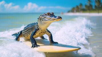 ai gegenereerd een schattig alligator surfer geniet een leuk gevuld zomer dag Bij de strand, rijden golven met enthousiasme, ai gegenereerd. foto
