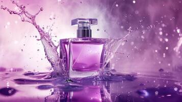 ai gegenereerd parfum fles Aan Purper achtergrond vangt een dynamisch plons effect, uitstralend elegantie. ai gegenereerd. foto