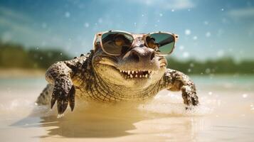 ai gegenereerd ervaring de intensiteit van een alligator springend op de strand in een verbijsterend detailopname foto. ai gegenereerd foto