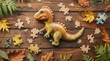 ai gegenereerd schattig dinosaurus verdiept in een decoupeerzaag puzzel, toevoegen een grillig aanraken, ai gegenereerd. foto