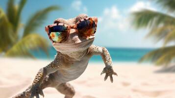 ai gegenereerd ervaring de intensiteit van een gekko springend op de strand in een verbijsterend detailopname foto, ai gegenereerd. foto