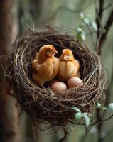 ai gegenereerd twee weinig kippen en eieren in nest. sommige kippen Aan rietje in een nest vol van eieren foto