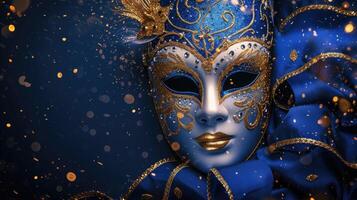 ai gegenereerd overladen Venetiaanse carnaval masker versierd met goud decoraties tegen een diep blauw achtergrond. ai gegenereerd. foto