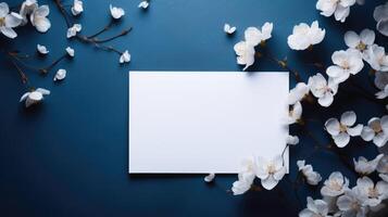 ai gegenereerd geavanceerde blauw uitnodiging kaart mockup ingelijst door wit bloemen. ai gegenereerd foto