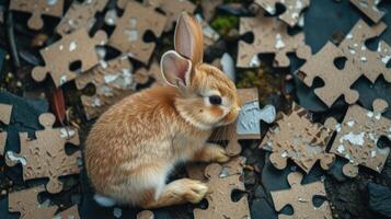 ai gegenereerd aanbiddelijk top visie van een schattig konijn oplossen een decoupeerzaag puzzel, speels en slim. ai gegenereerd foto