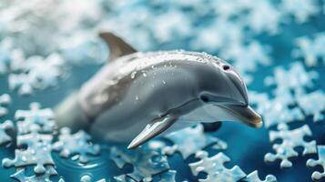 ai gegenereerd schattig dolfijn verdiept in een decoupeerzaag puzzel, toevoegen een grillig aanraken, ai gegenereerd. foto